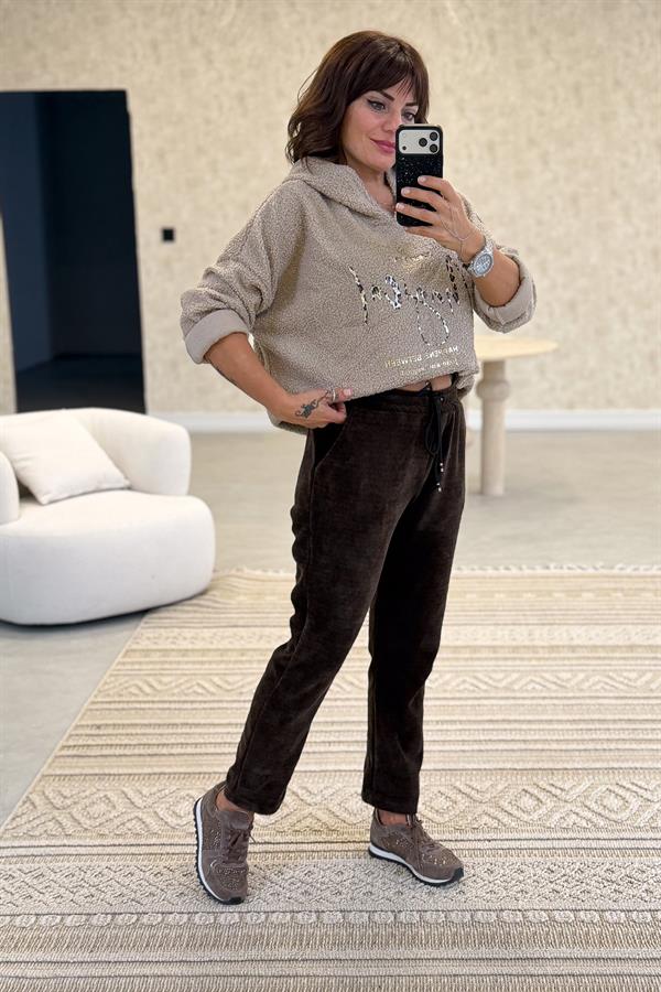 Kapüşonlu Buklet Kumaş Sweet Bej Renk