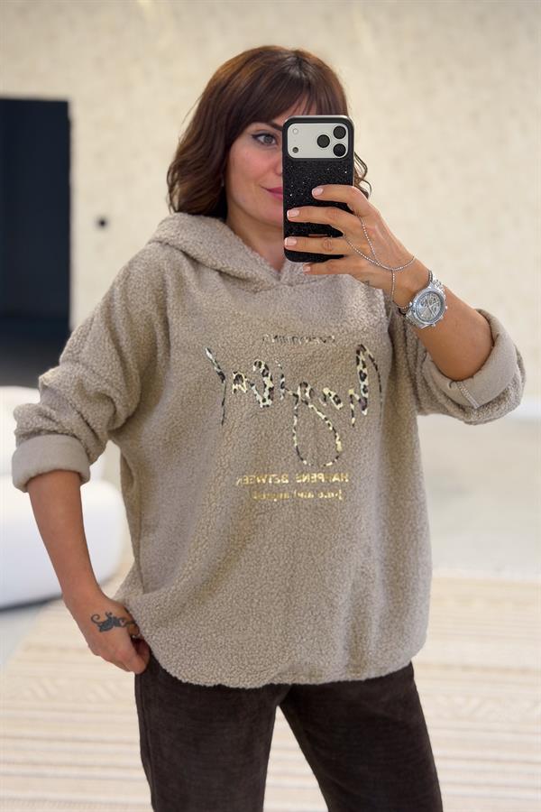 Kapüşonlu Buklet Kumaş Sweet Bej Renk