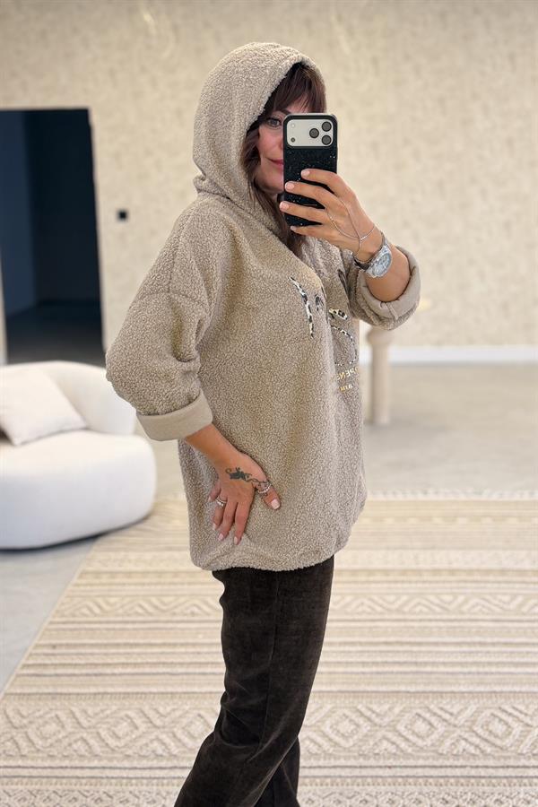 Kapüşonlu Buklet Kumaş Sweet Bej Renk