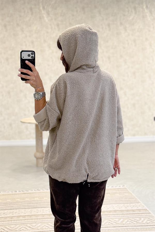 Kapüşonlu Buklet Kumaş Sweet Bej Renk