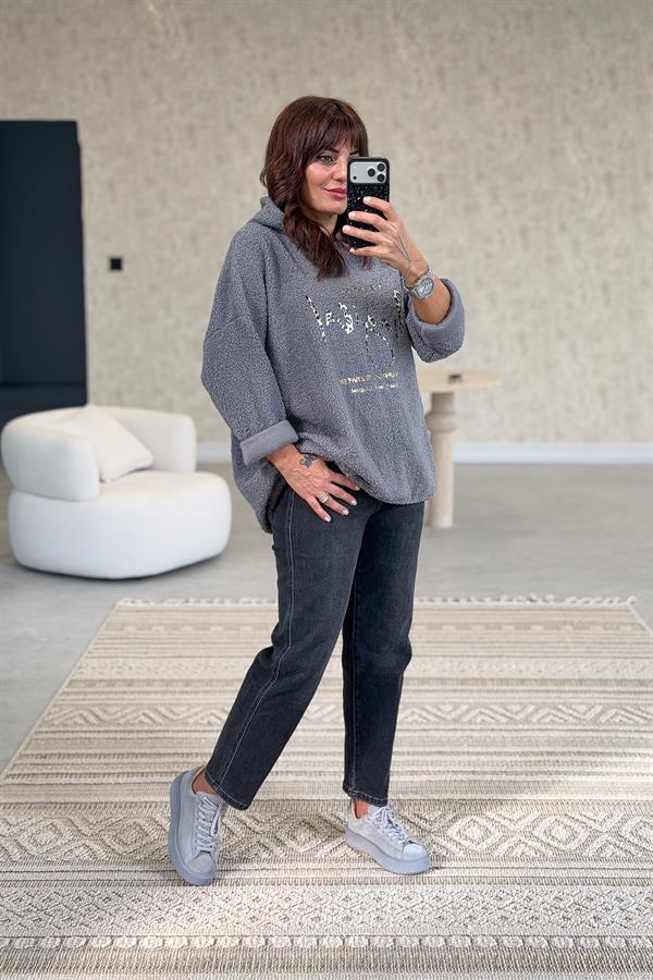 Kapüşonlu Buklet Kumaş Sweet Gri Renk