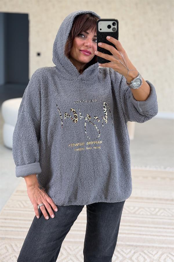 Kapüşonlu Buklet Kumaş Sweet Gri Renk