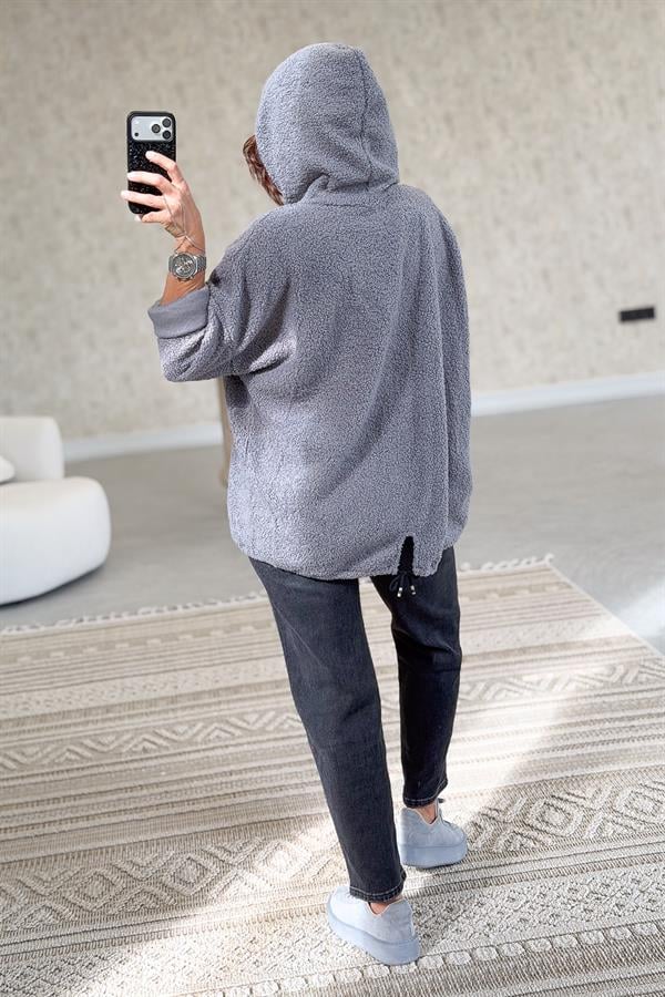 Kapüşonlu Buklet Kumaş Sweet Gri Renk