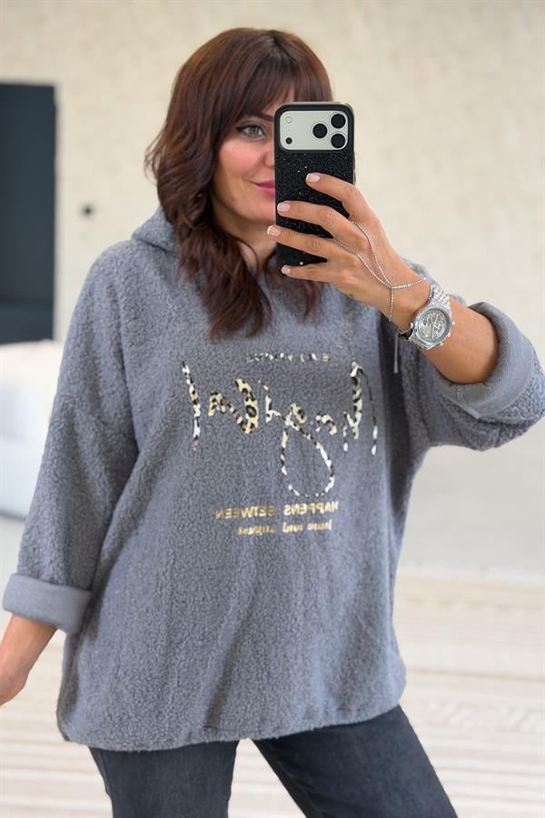 Kapüşonlu Buklet Kumaş Sweet Gri Renk