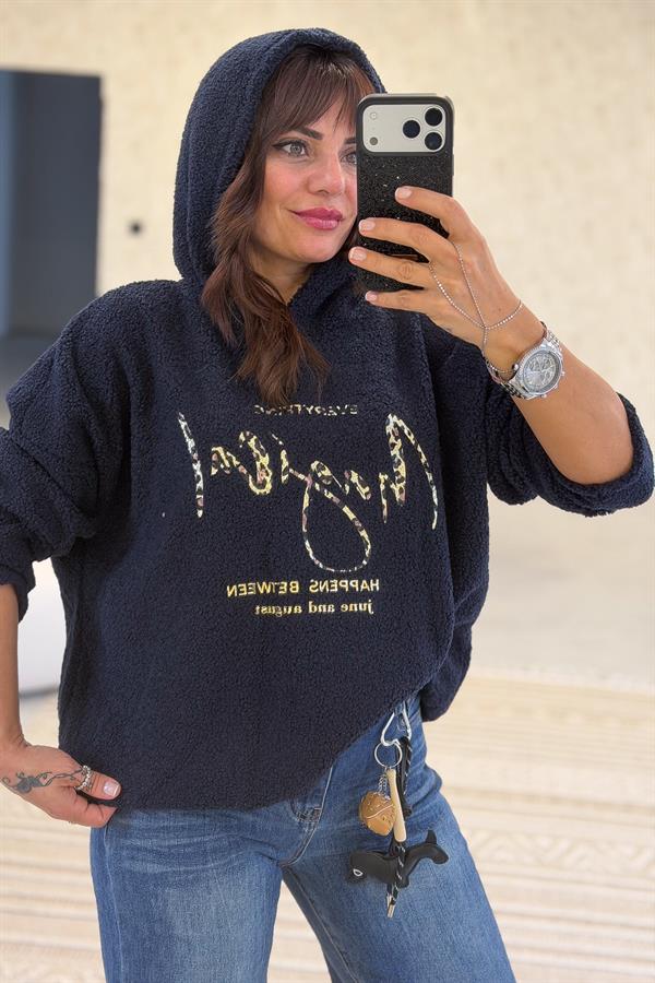 Kapüşonlu Buklet Kumaş Sweet Lacivert Renk