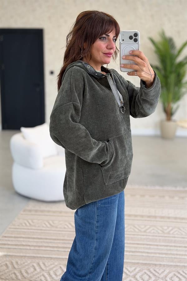 Kapüşonu Halka Taş Detaylı Kadife Sweet Haki Renk