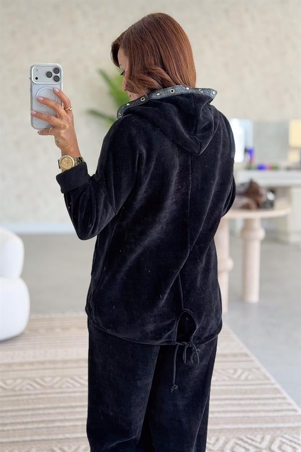 Kapüşonu Halka Taş Detaylı Kadife Sweet Siyah Renk