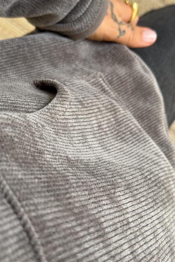 Kapüşonu Halka Taş Detaylı Kadife Sweet Gri Renk