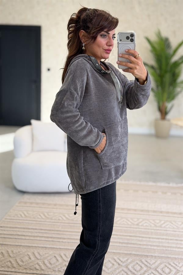 Kapüşonu Halka Taş Detaylı Kadife Sweet Gri Renk