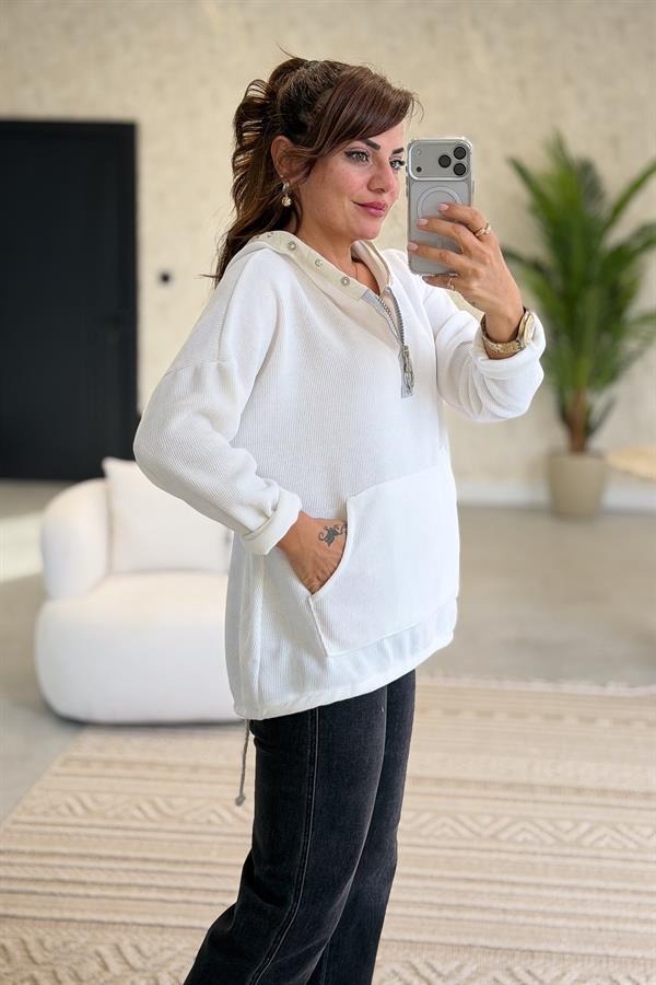 Kapüşonu Halka Taş Detaylı Kadife Sweet Beyaz Renk