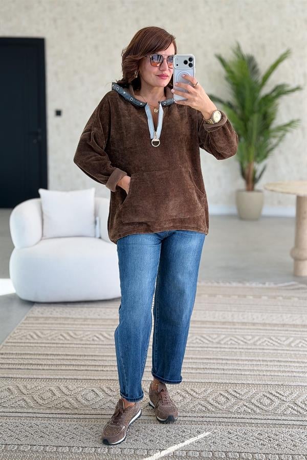 Kapüşonu Halka Taş Detaylı Kadife Sweet Kahverengi Renk