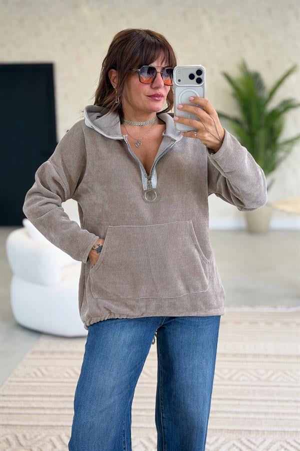 Kapüşonu Halka Taş Detaylı Kadife Sweet Açık Vizon Renk