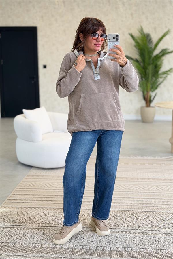 Kapüşonu Halka Taş Detaylı Kadife Sweet Açık Vizon Renk