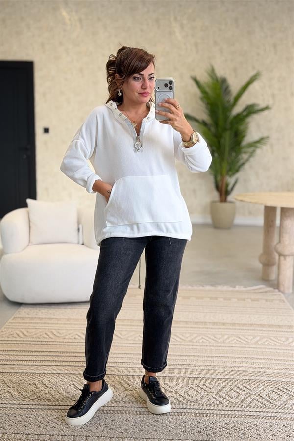 Kapüşonu Halka Taş Detaylı Kadife Sweet Beyaz Renk