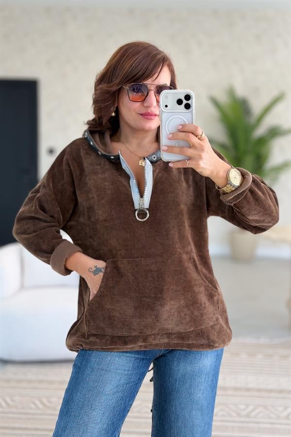 Kapüşonu Halka Taş Detaylı Kadife Sweet Kahverengi Renk