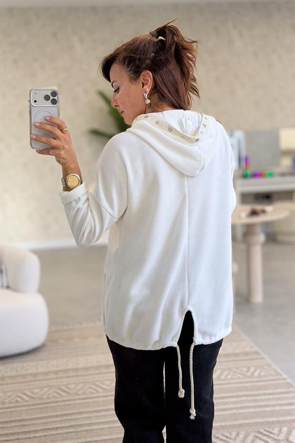 Kapüşonu Halka Taş Detaylı Kadife Sweet Beyaz Renk