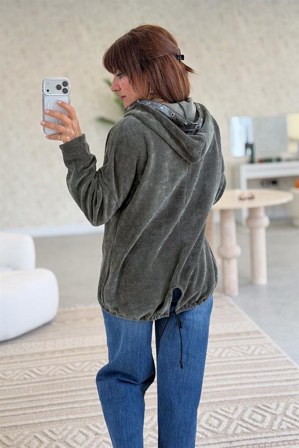 Kapüşonu Halka Taş Detaylı Kadife Sweet Haki Renk