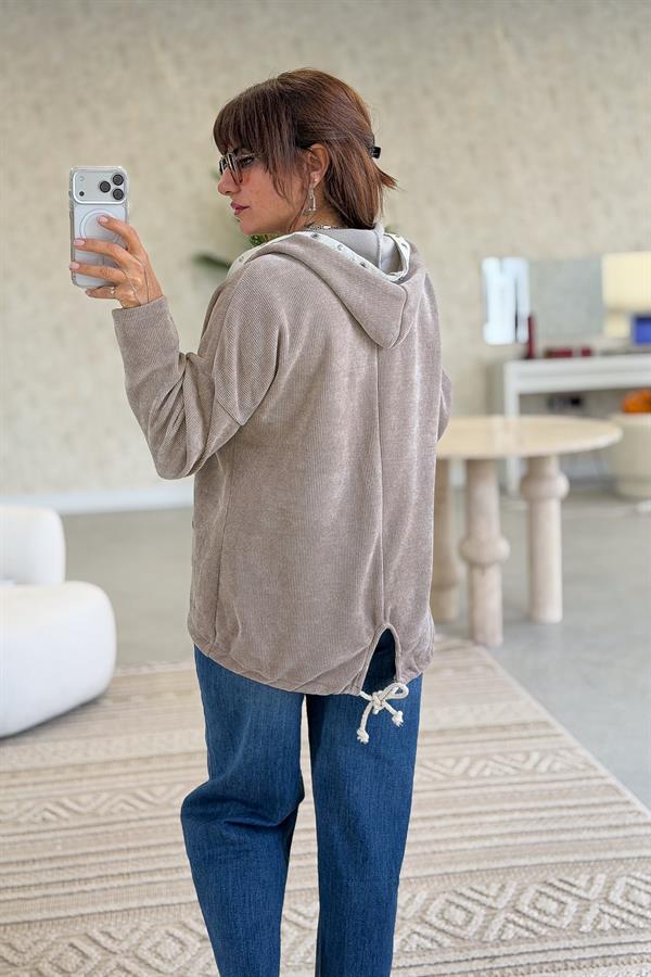 Kapüşonu Halka Taş Detaylı Kadife Sweet Açık Vizon Renk