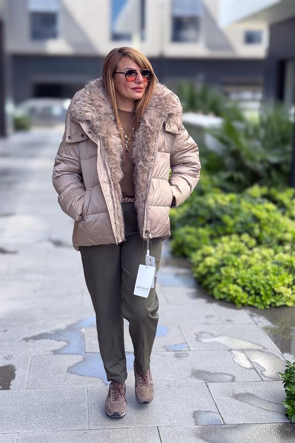 Kapüşonu Kürklü Şişme Mont Vizon Renk