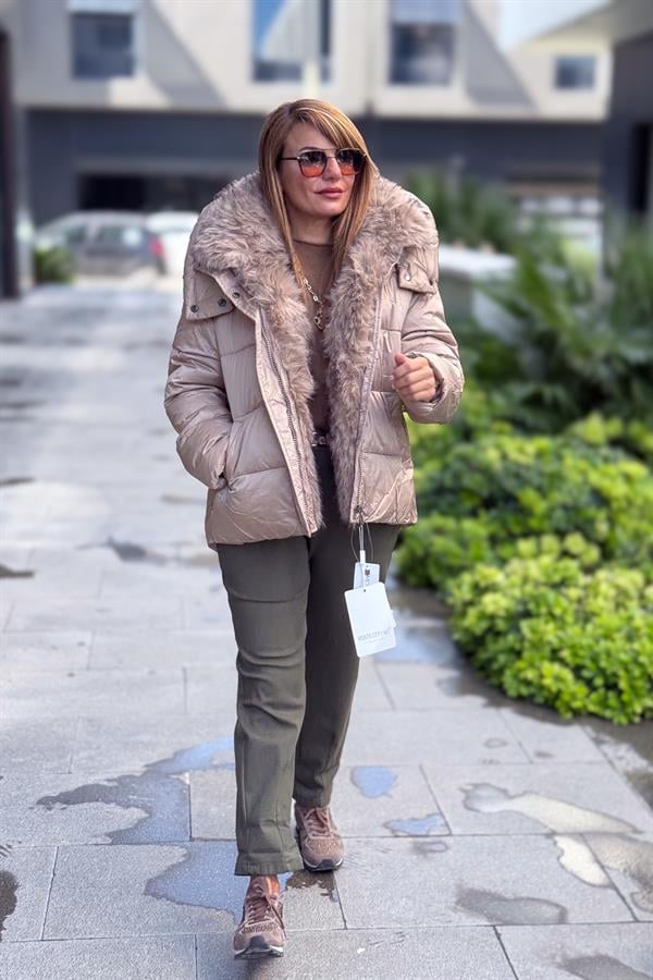 Kapüşonu Kürklü Şişme Mont Vizon Renk