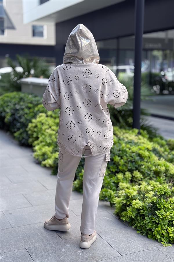 Kapüşonu Laklı Güderi Fistolu Ceket Bej Renk