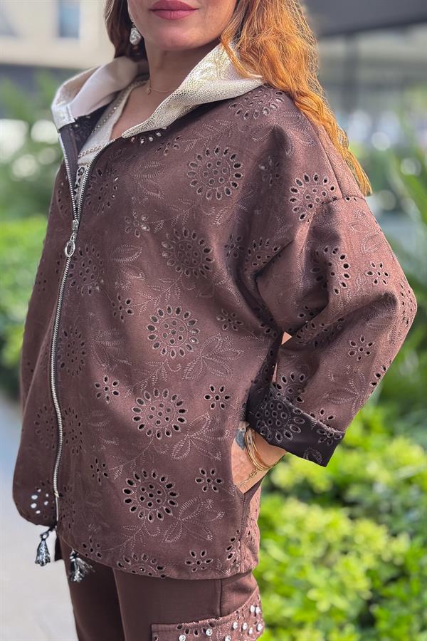 Kapüşonu Laklı Güderi Fistolu Ceket Kahverengi Renk