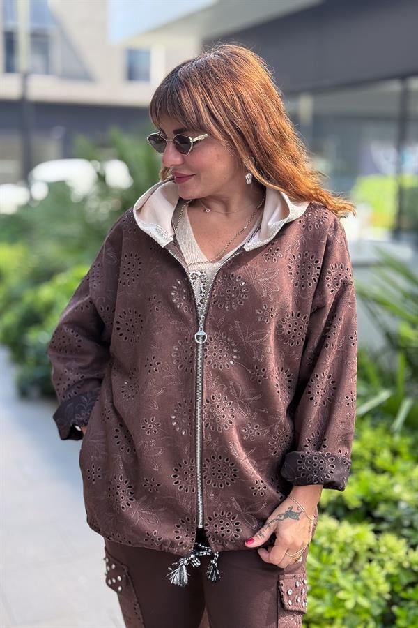 Kapüşonu Laklı Güderi Fistolu Ceket Kahverengi Renk