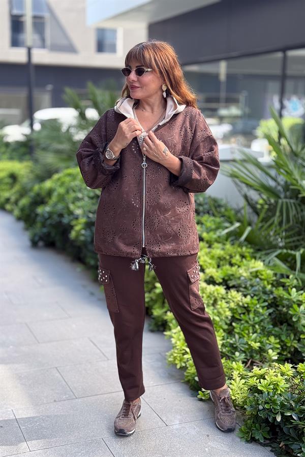 Kapüşonu Laklı Güderi Fistolu Ceket Kahverengi Renk