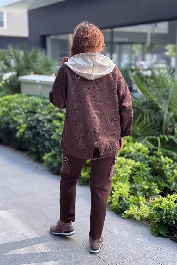 Kapüşonu Laklı Güderi Fistolu Ceket Kahverengi Renk