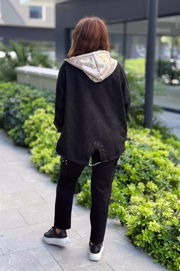 Kapüşonu Laklı Güderi Fistolu Ceket Siyah Renk