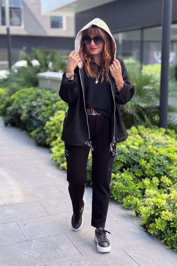 Kapüşonu Laklı Güderi Fistolu Ceket Siyah Renk