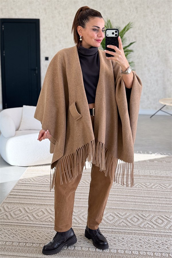 Kaşmir Panço Camel Renk