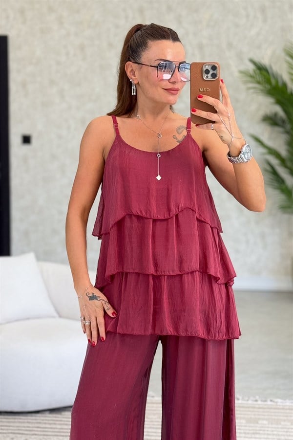 Kat Kat Askılı İpek Bluz Bordo Renk