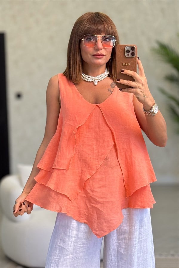 Kat Kat Kalın Askılı Keten Bluz Mercan RenkBLUZ