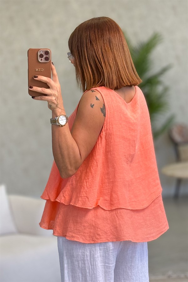 Kat Kat Kalın Askılı Keten Bluz Mercan Renk