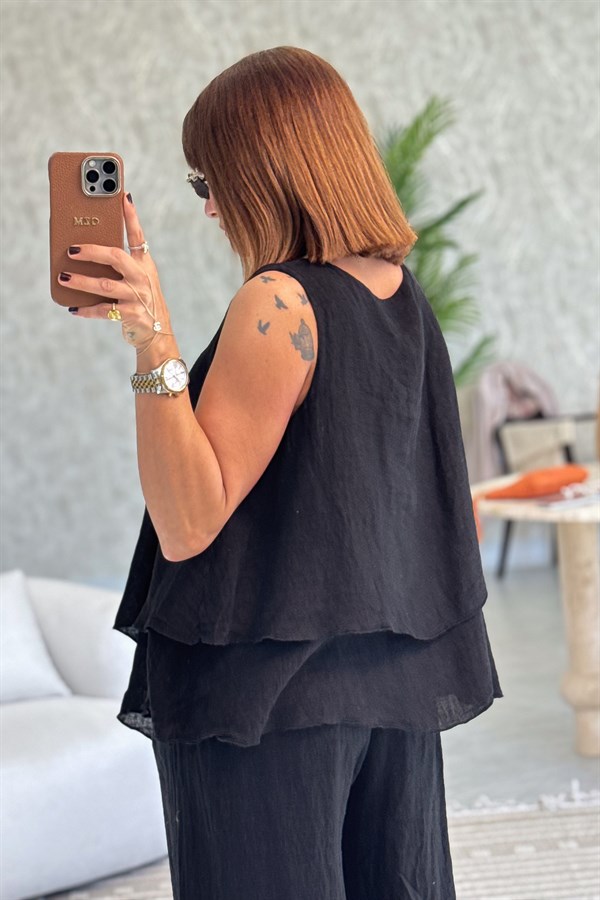 Kat Kat Kalın Askılı Keten Bluz Siyah Renk