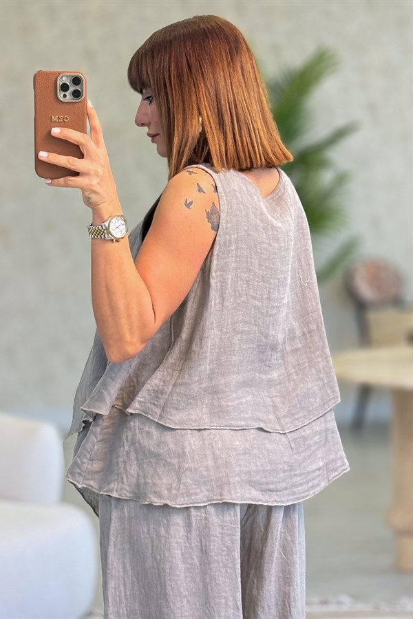 Kat Kat Kalın Askılı Keten Bluz Vizon Renk