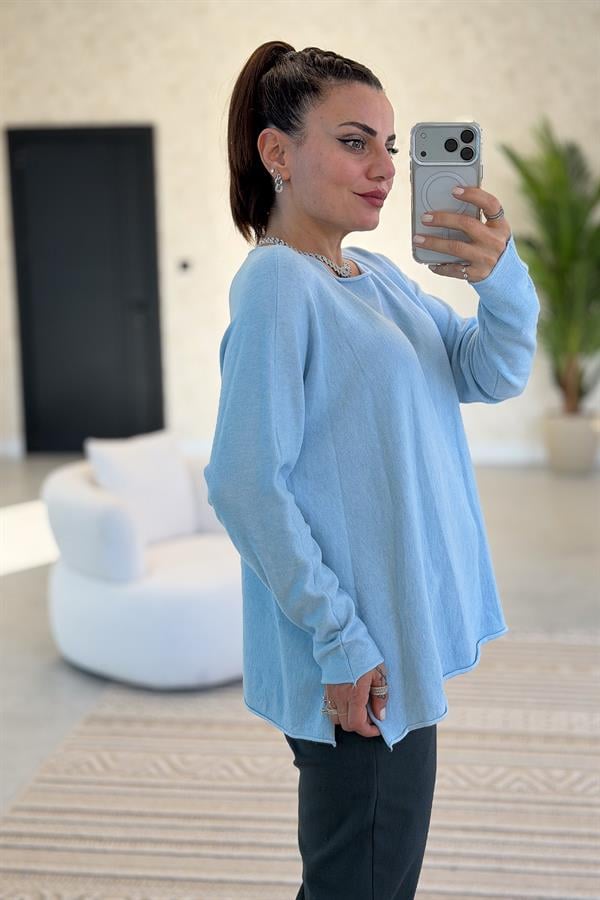 Kayık Yaka Kuzu Yünü Triko Bebe Mavi Renk