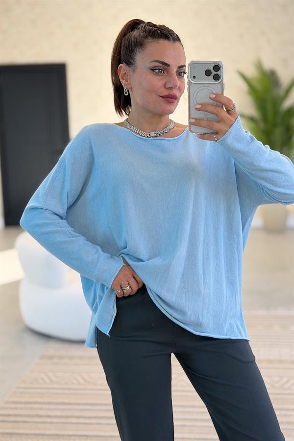 Kayık Yaka Kuzu Yünü Triko Bebe Mavi Renk