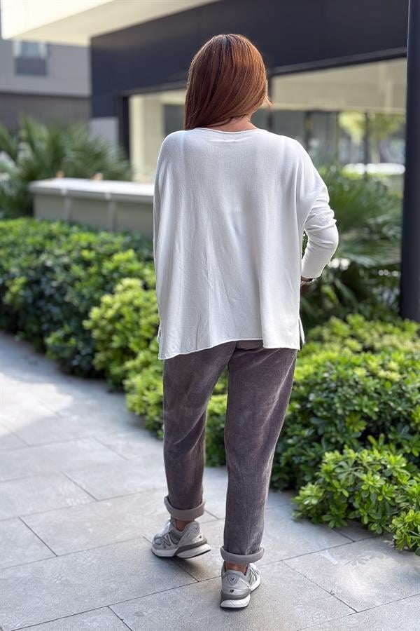 Kayık Yaka Kuzu Yünü Triko Beyaz Renk