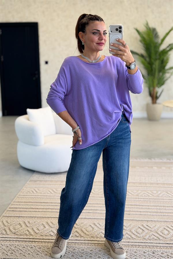 Kayık Yaka Kuzu Yünü Triko Lila Renk