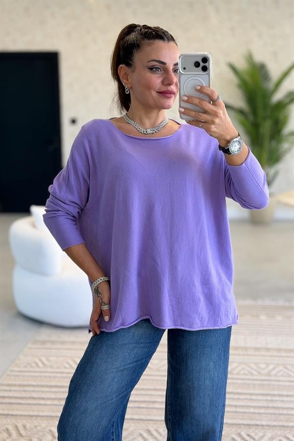 Kayık Yaka Kuzu Yünü Triko Lila Renk