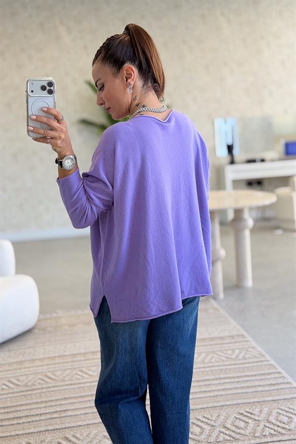 Kayık Yaka Kuzu Yünü Triko Lila Renk