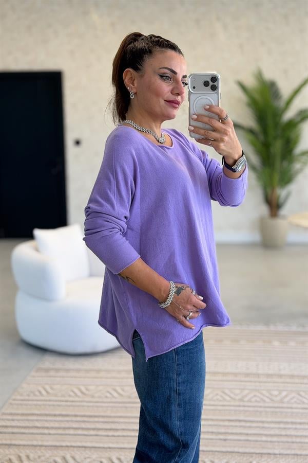 Kayık Yaka Kuzu Yünü Triko Lila Renk