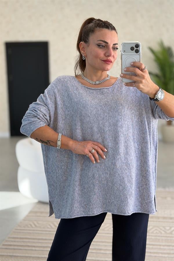 Kayık Yaka Kuzu Yünü Triko Melanj Gri Renk