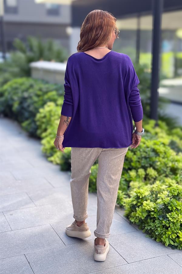 Kayık Yaka Kuzu Yünü Triko Mor Renk