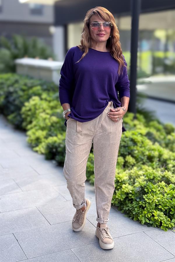 Kayık Yaka Kuzu Yünü Triko Mor Renk