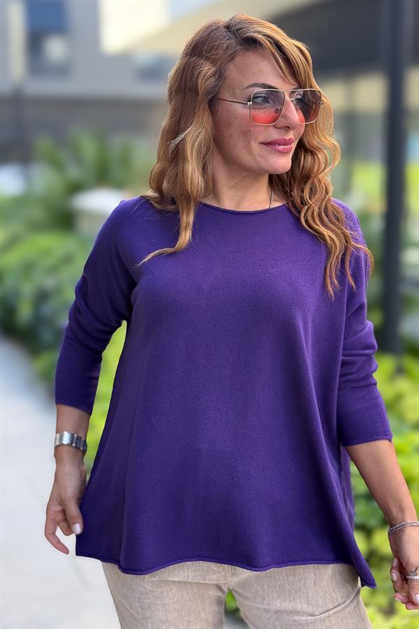 Kayık Yaka Kuzu Yünü Triko Mor Renk