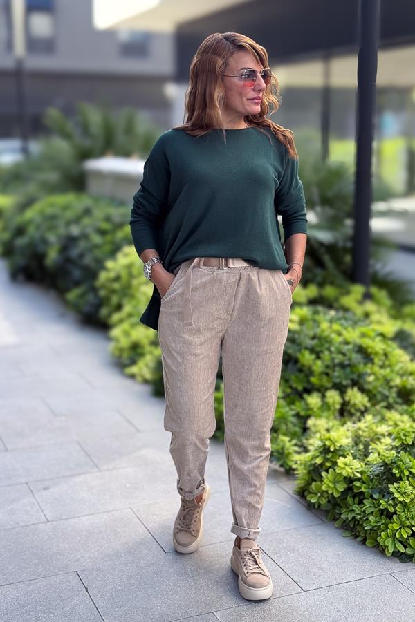 Kayık Yaka Kuzu Yünü Triko Nefti Yeşil Renk