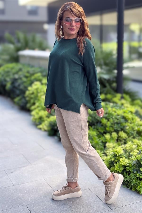 Kayık Yaka Kuzu Yünü Triko Nefti Yeşil Renk